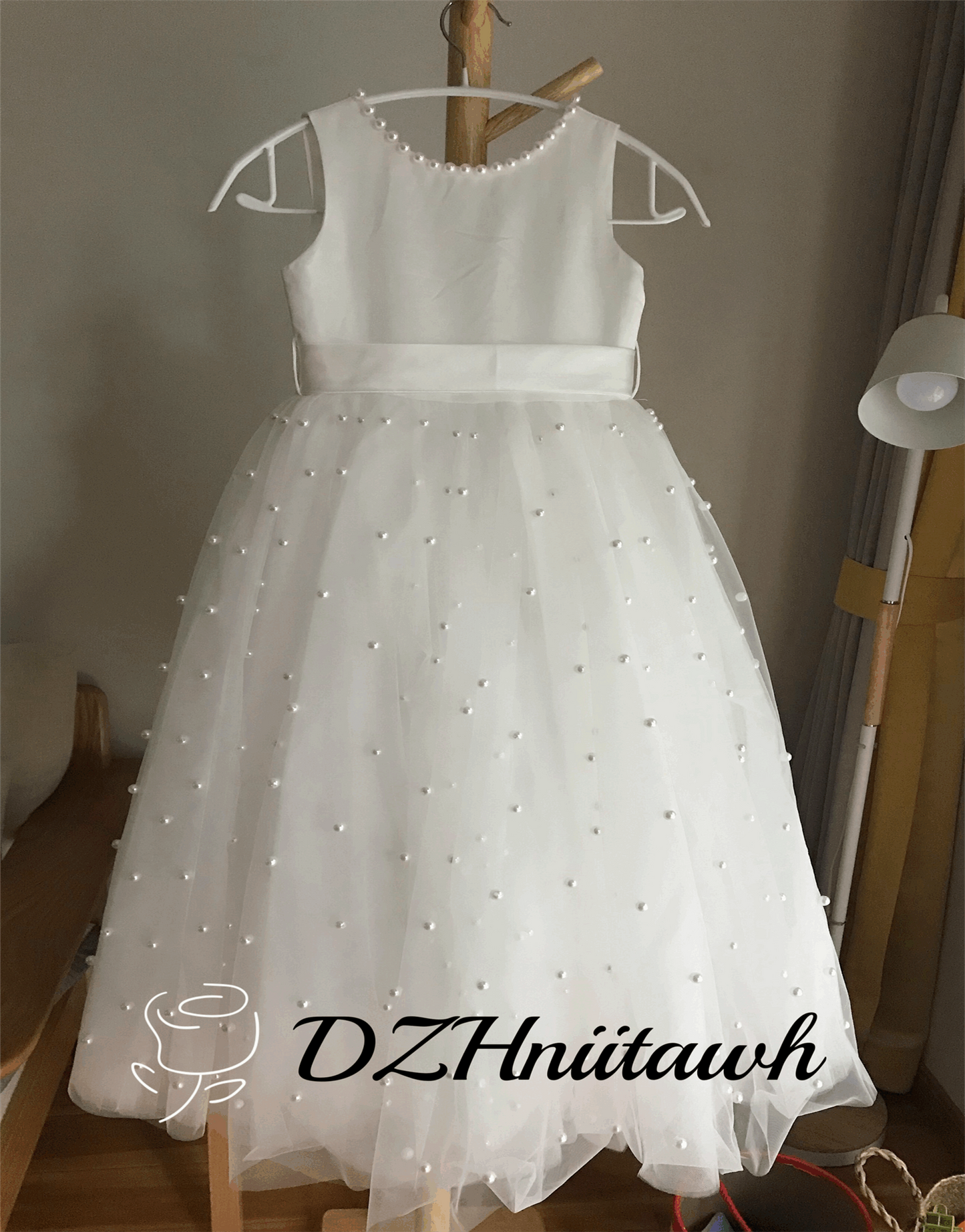 Tulle off white flower girl dress, pearls flower girl dress v back top dress, communion dress