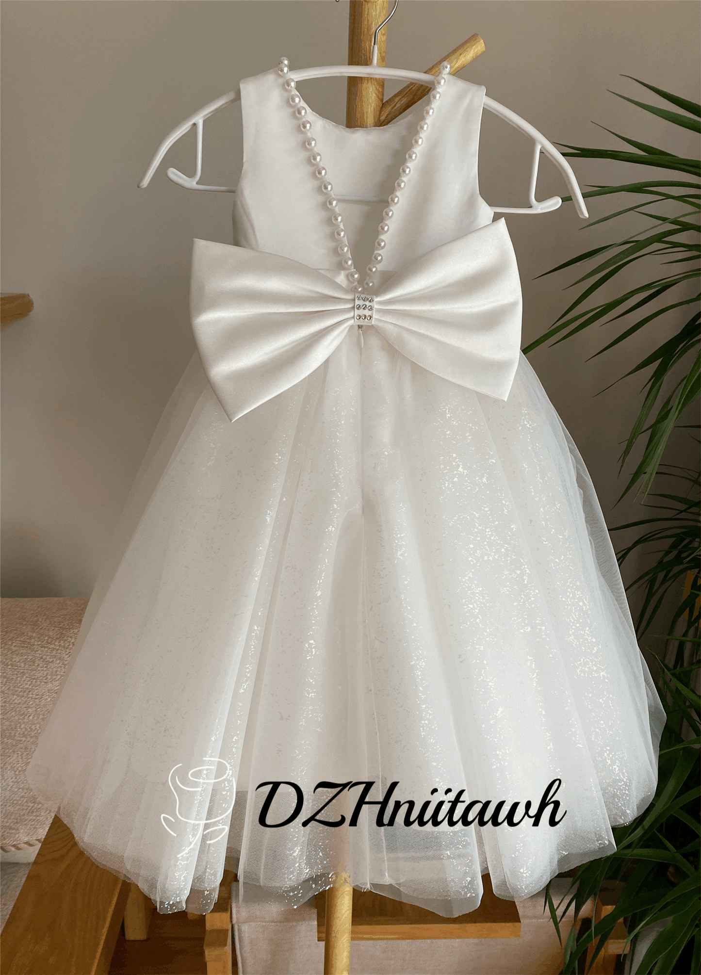 Glitter tulle off white flower girl dress, sparkle flower girl dress, v back top dress with pearls, communion dress floor length