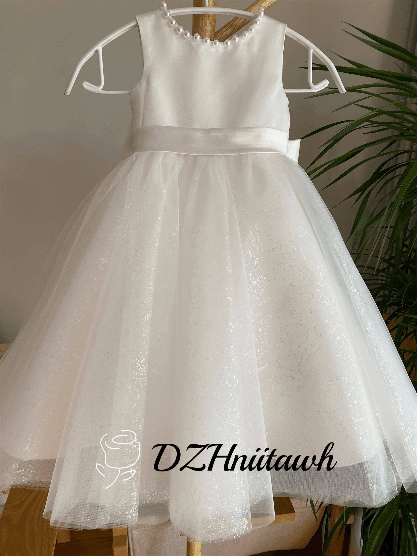 Glitter tulle off white flower girl dress, sparkle flower girl dress, v back top dress with pearls, communion dress floor length