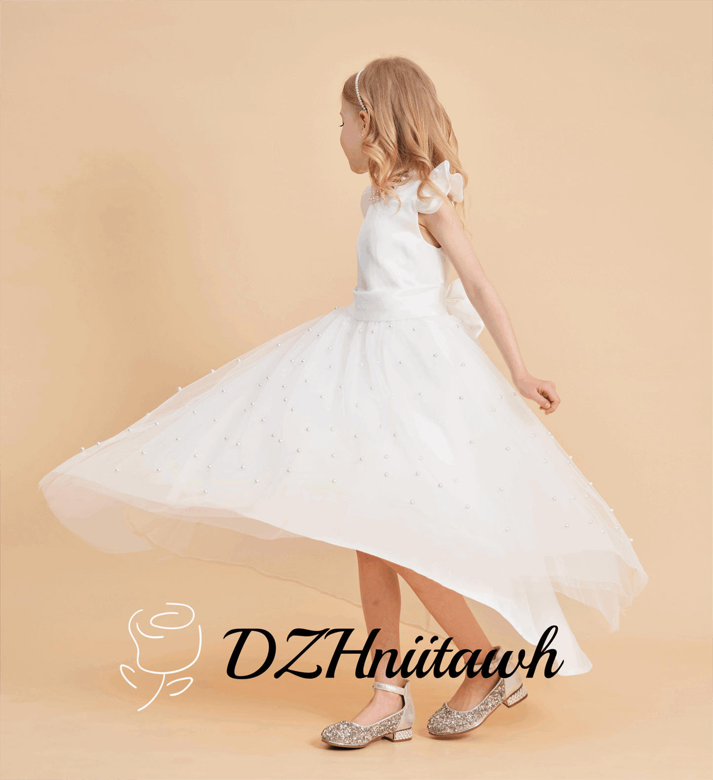 Off white tulle flower girl dress, pearls flower girl dress, v back dress with pearls, communion dress, skirt pearls high low dress