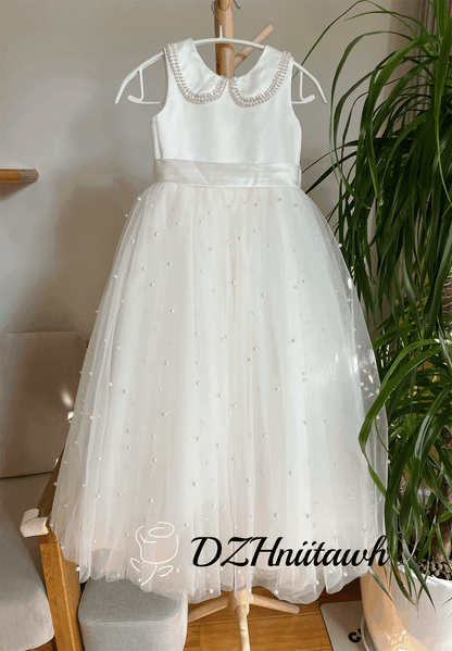 Light ivory flower girl dress, beaded neckline flower girl dress, tulle flower girl dress with pearls, elegant birthday girl dress, communion girl dress floor length