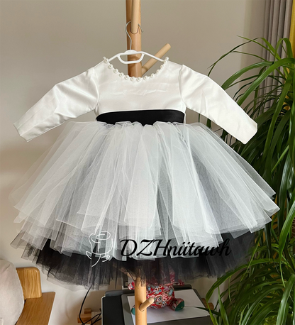 Off white black sash v back pearls flower girl dress, tutu flower girl dress, off white black tulle birthday girl dress floor length