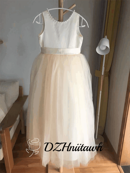 Tulle ivory off white champagne flower girl dress, v back top dress with pearls, communion dress