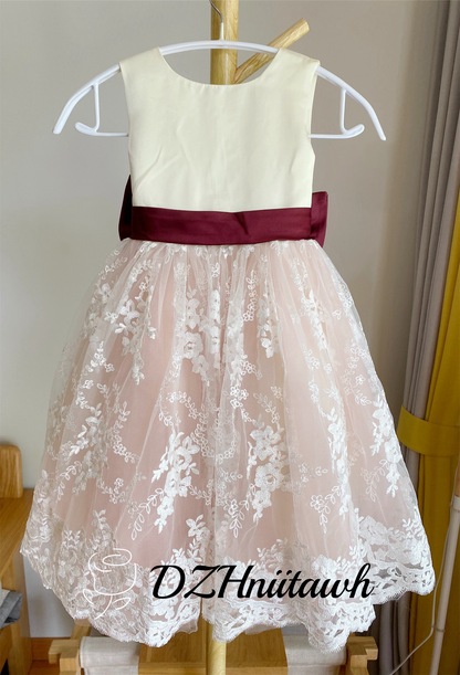 Lace flower girl dress, tulle flower girl dress, ivory top burgundy sash with big bow, lace tulle birthday girl dress