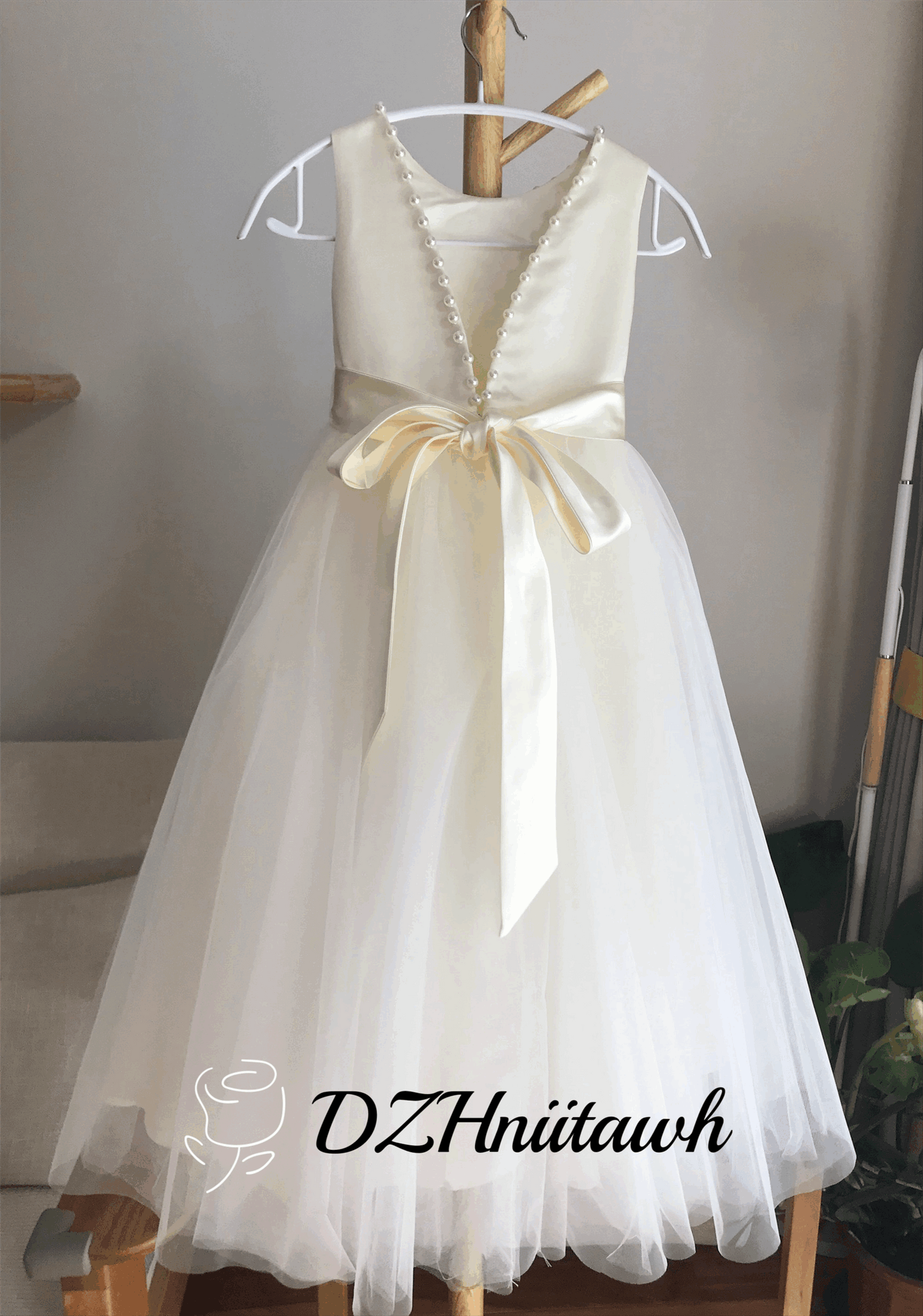 Tulle ivory off white champagne flower girl dress, v back top dress with pearls, communion dress