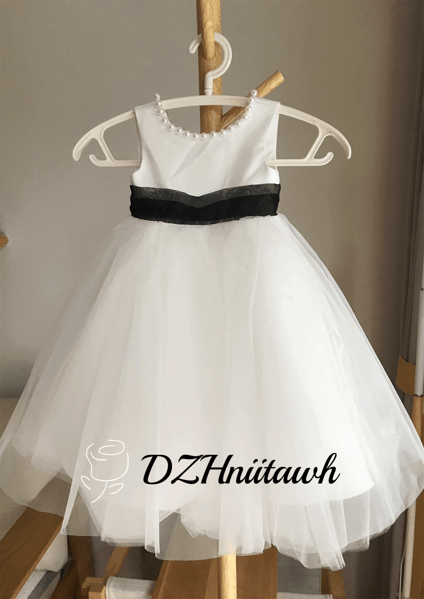 Tulle flower girl dress, v back top dress with pearls, communion dress with black sash bow