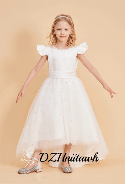 Off white tulle flower girl dress, pearls flower girl dress, v back dress with pearls, communion dress, skirt pearls high low dress