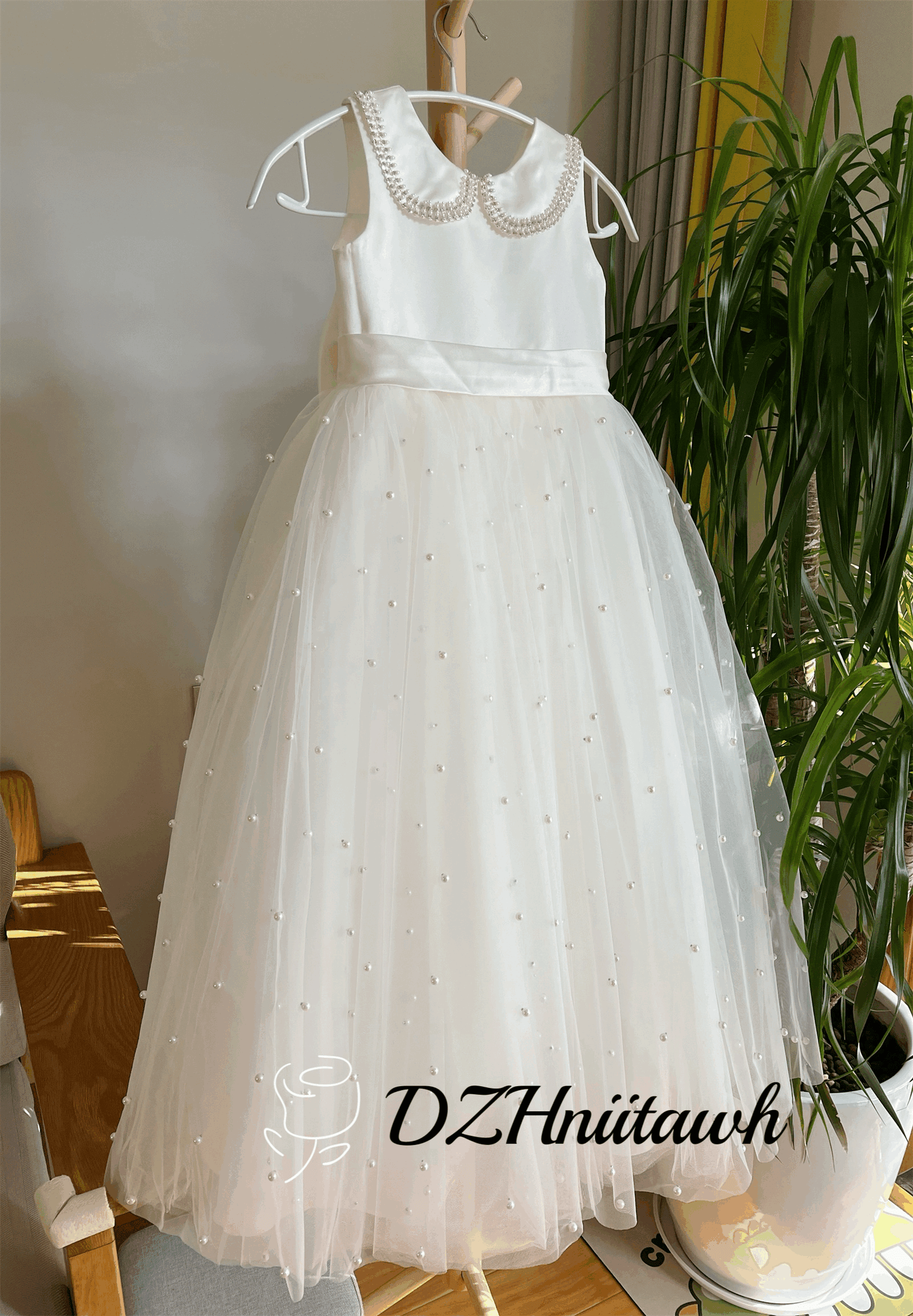 Light ivory flower girl dress, beaded neckline flower girl dress, tulle flower girl dress with pearls, elegant birthday girl dress, communion girl dress floor length