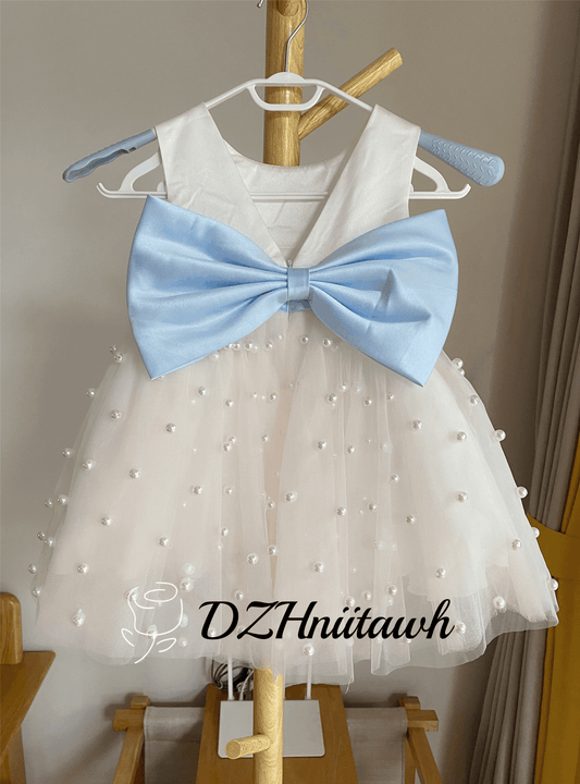 Ivory tulle pearls flower girl dress, V back top dress, communion dress with light blue sash bow