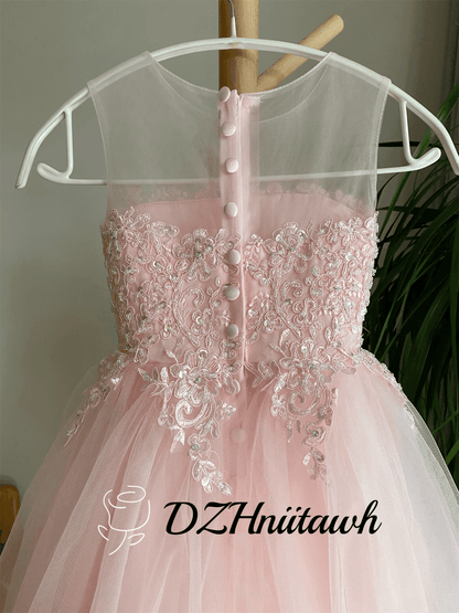 Lace flower girl dress, Beaded pink dress, tulle flower girl dress, communion dress