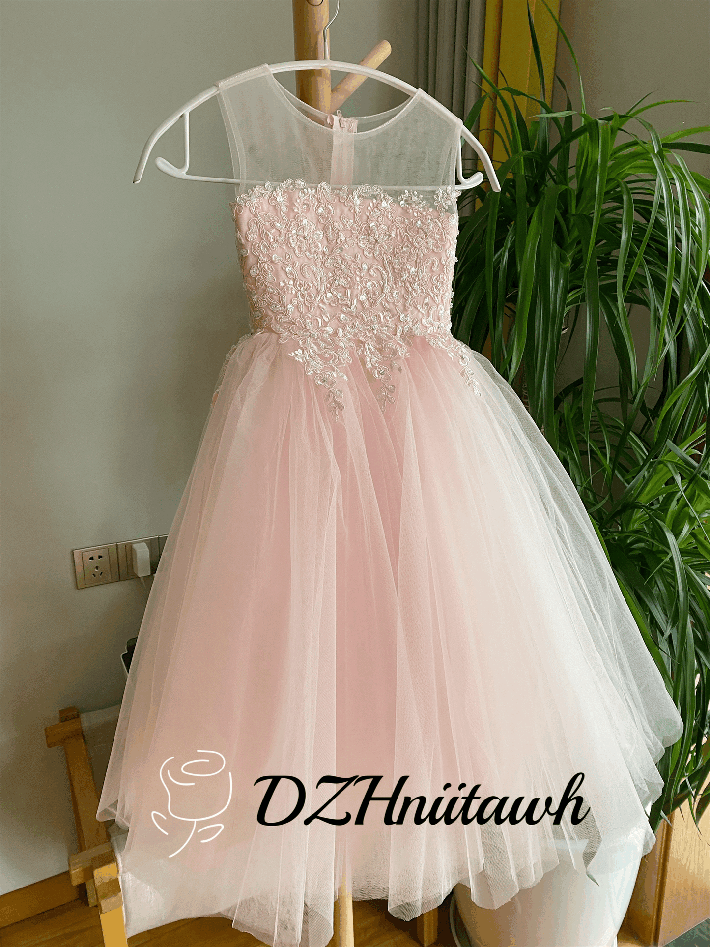 Lace flower girl dress, Beaded pink dress, tulle flower girl dress, communion dress