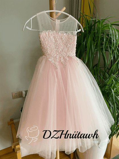 Lace flower girl dress, Beaded pink dress, tulle flower girl dress, communion dress