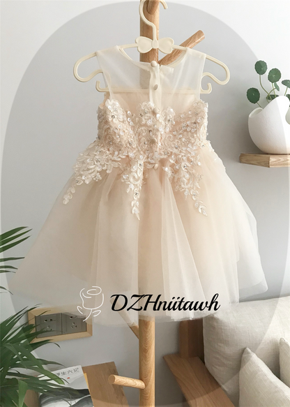 Lace flower girl dress, Beaded champagne dress, tulle girl dress, communion dress