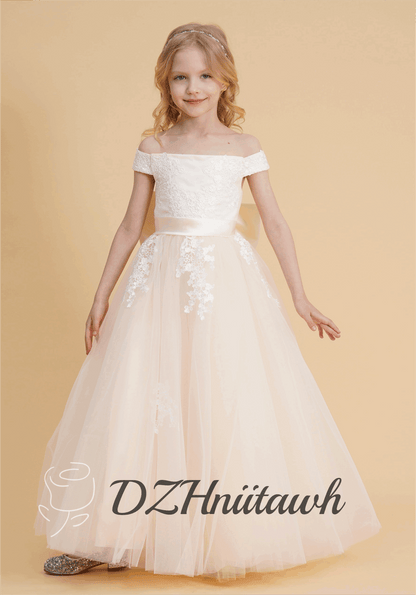 Lace champagne flower girl dress, off shoulder tulle flower girl dress, birthday girl dress with lace applique floor length