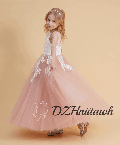 Dusty rose flower girl dress, off white top lace flower girl dress, illusion birthday girl dress with lace applique, tutu flower girl dress floor length