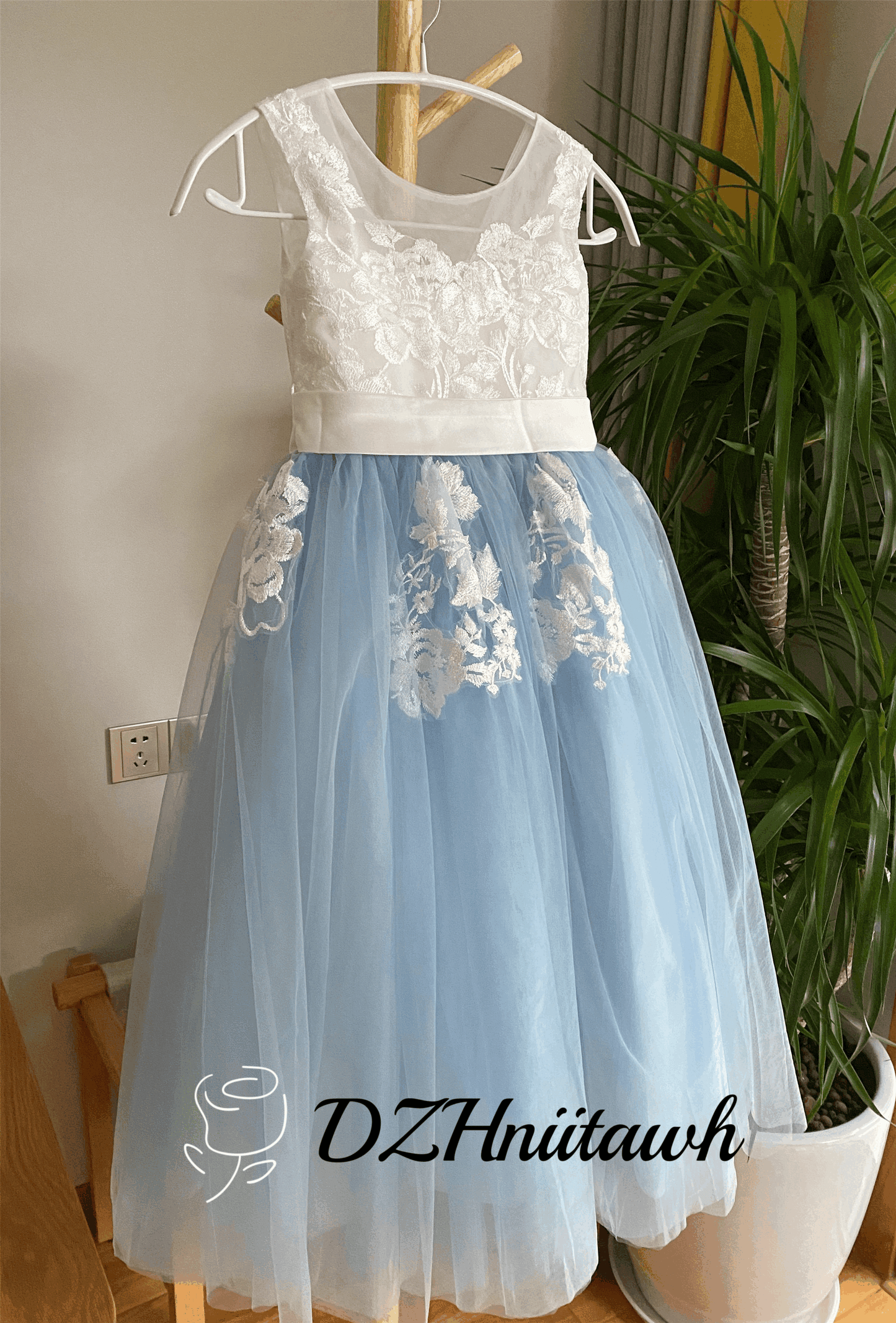 Dusty blue flower girl dress, lace flower girl dress, off white top dusty blue skirt girl dress floor length