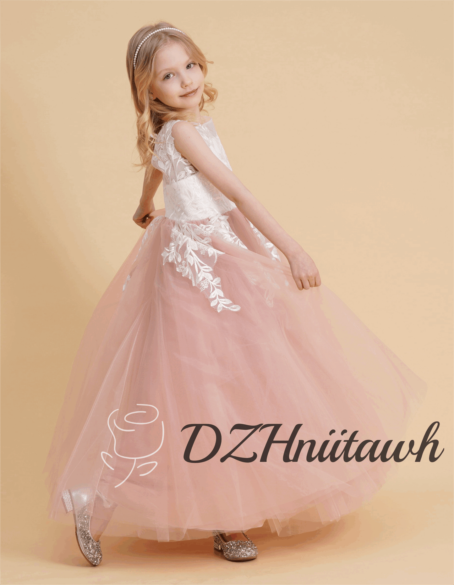 Dusty rose flower girl dress, off white top lace flower girl dress, illusion birthday girl dress with lace applique, tutu flower girl dress floor length