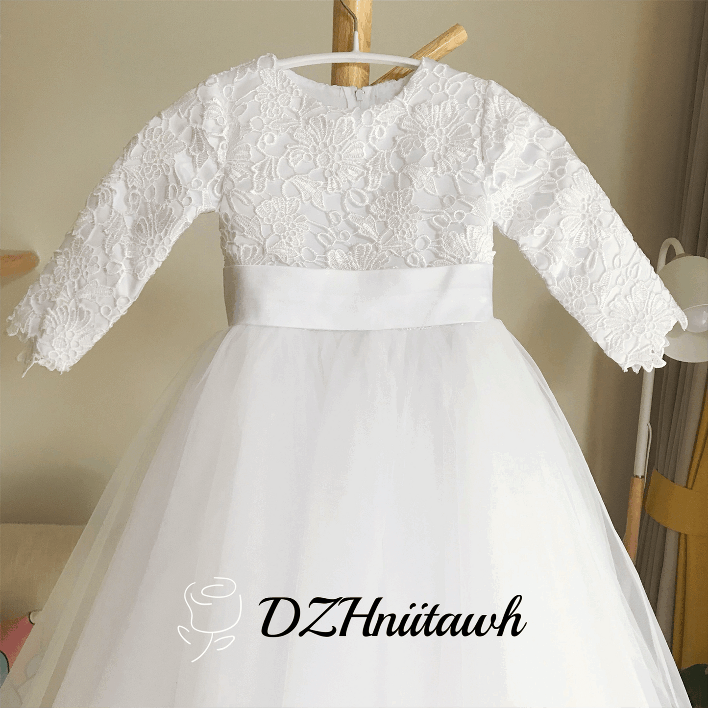 Lace tulle flower girl dress, pure white flower girl dress long sleeves, first communion dress floor length