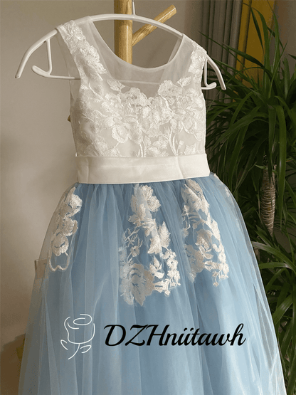 Dusty blue flower girl dress, lace flower girl dress, off white top dusty blue skirt girl dress floor length