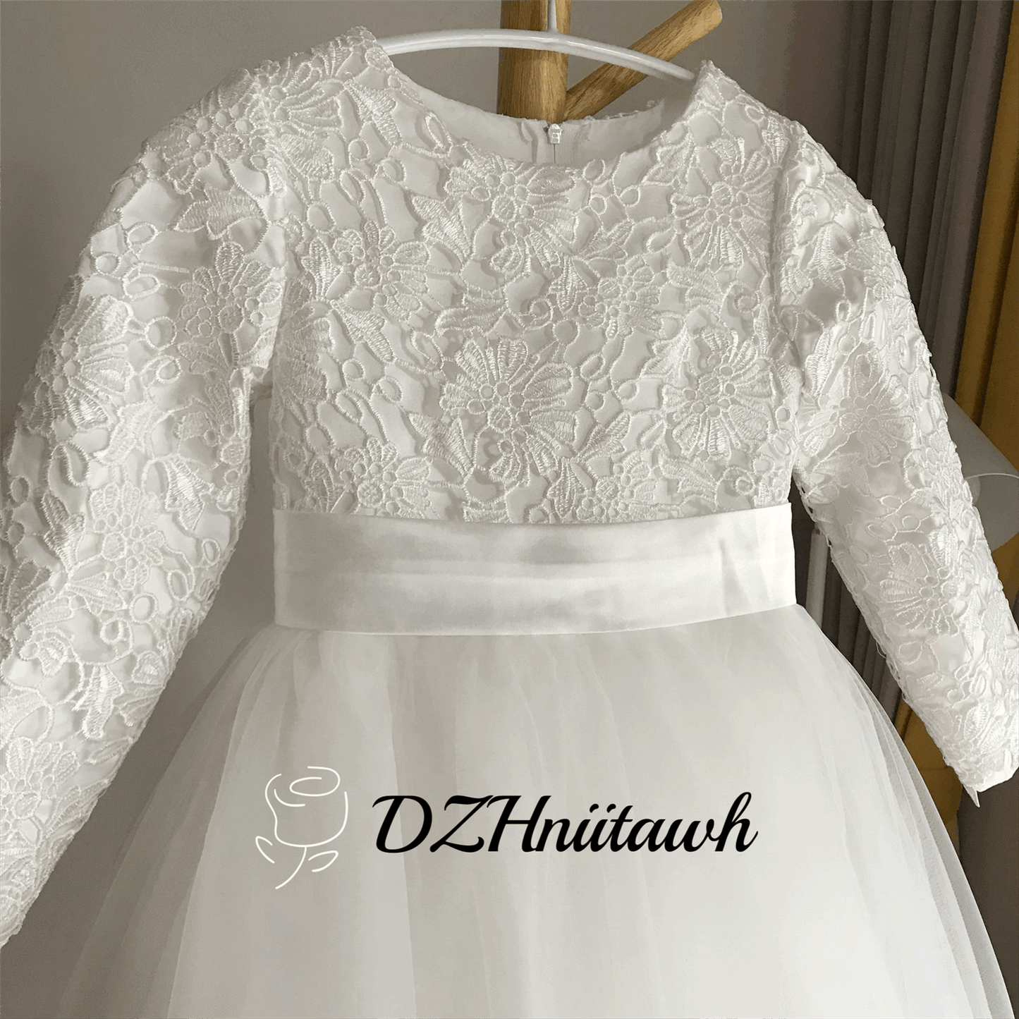 Lace tulle flower girl dress, off white flower girl dress long sleeves, first communion dress floor length