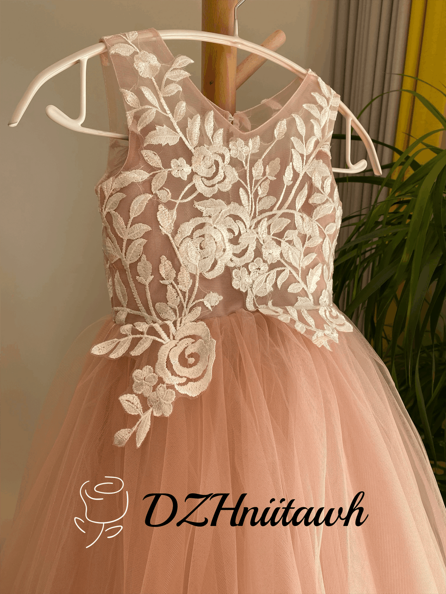 Dusty rose flower girl dress, lace flower girl dress, illusion birthday girl dress with lace applique