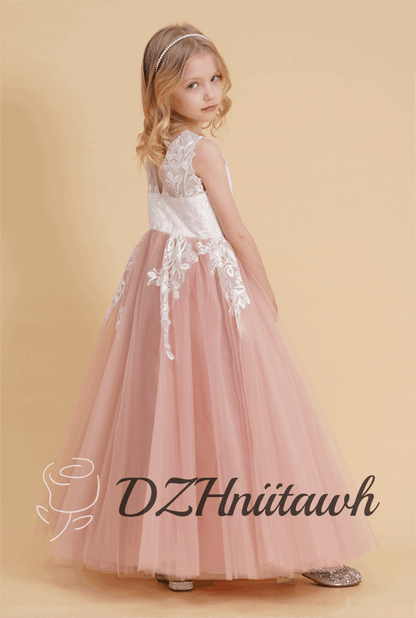 Dusty rose flower girl dress, off white top lace flower girl dress, illusion birthday girl dress with lace applique, tutu flower girl dress floor length