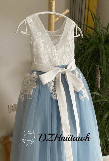 Dusty blue flower girl dress, lace flower girl dress, off white top dusty blue skirt girl dress floor length