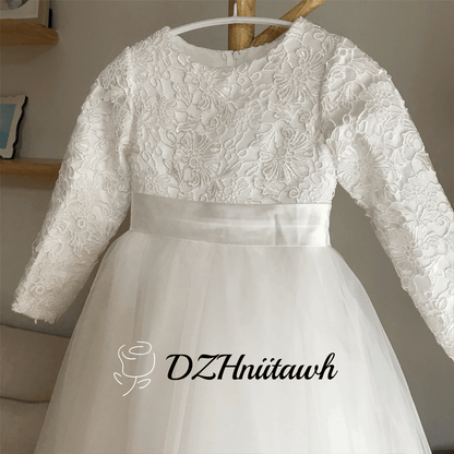 Lace tulle flower girl dress, off white flower girl dress long sleeves, first communion dress floor length