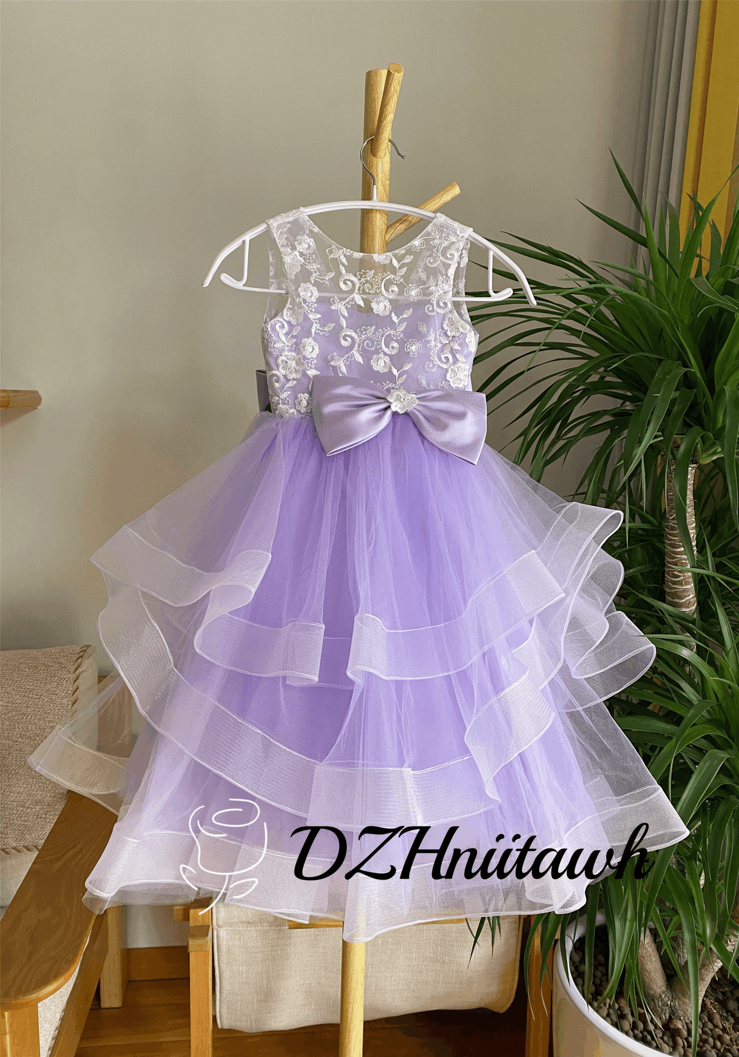 Lace flower girl dress purple color, tulle flower girl dress, illusion birthday girl dress with lace applique, layered flower girl dress