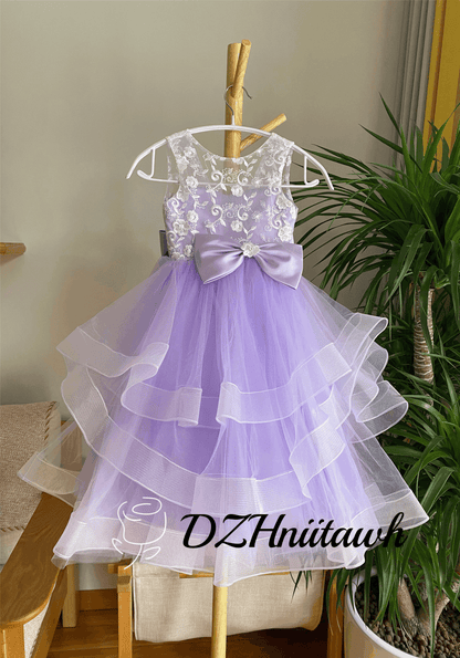 Lace flower girl dress purple color, tulle flower girl dress, illusion birthday girl dress with lace applique, layered flower girl dress