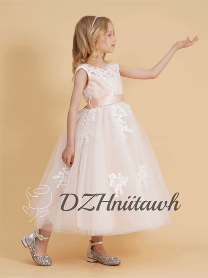 Blush lace flower girl dress, tulle flower girl dress, illusion birthday girl dress with lace applique, tutu flower girl dress tea length