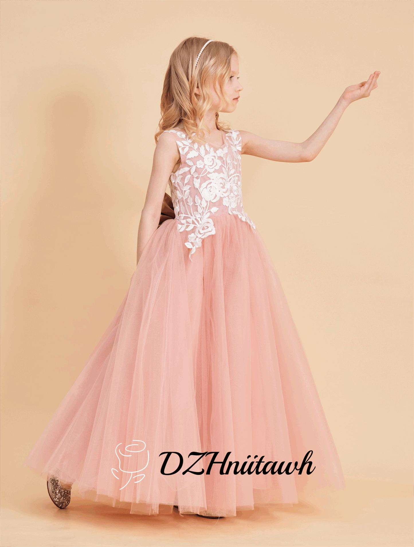 Dusty rose flower girl dress, lace flower girl dress, illusion birthday girl dress with lace applique