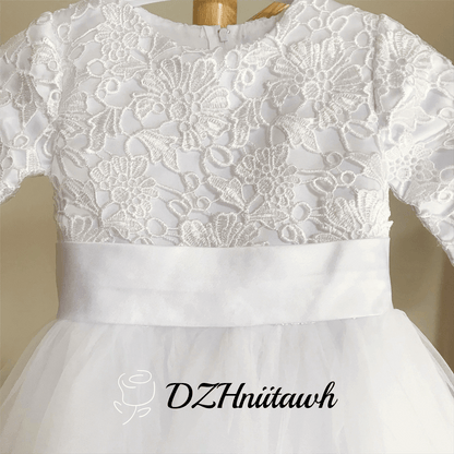 Lace tulle flower girl dress, pure white flower girl dress long sleeves, first communion dress floor length