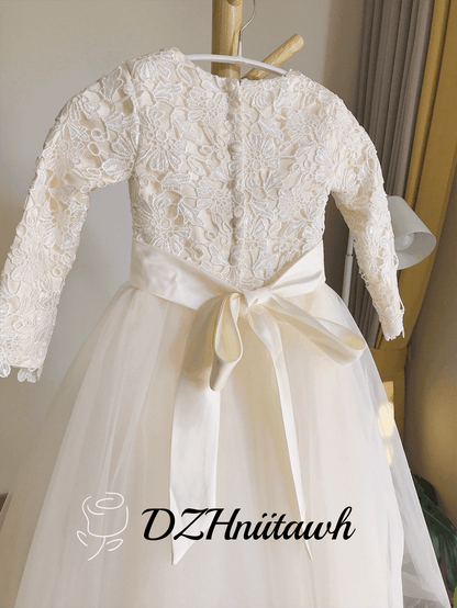 Lace tulle flower girl dress, champagne flower girl dress long sleeves, first communion dress floor length