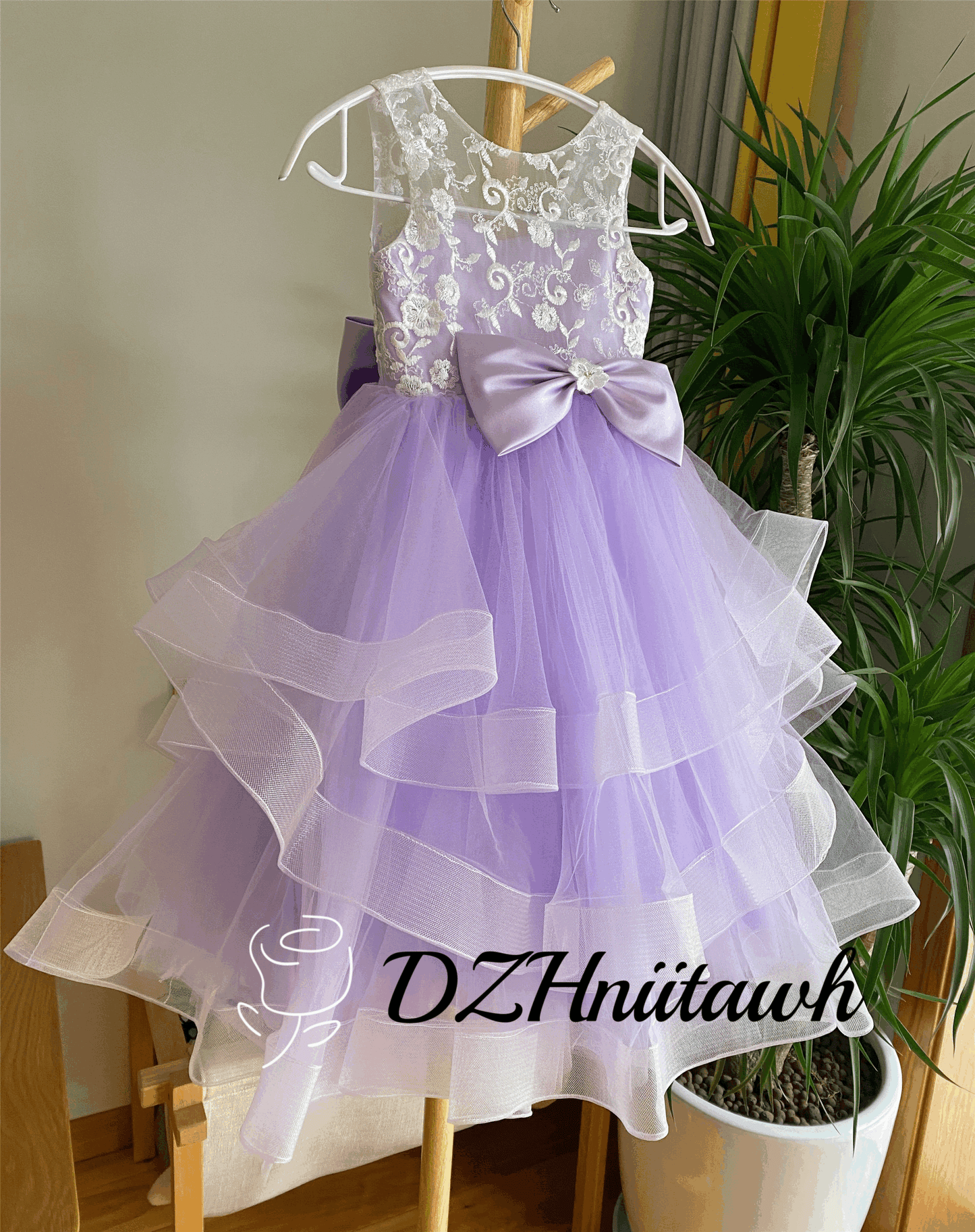 Lace flower girl dress purple color, tulle flower girl dress, illusion birthday girl dress with lace applique, layered flower girl dress