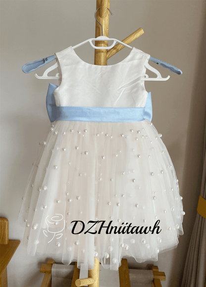 Ivory tulle pearls flower girl dress, V back top dress, communion dress with light blue sash bow