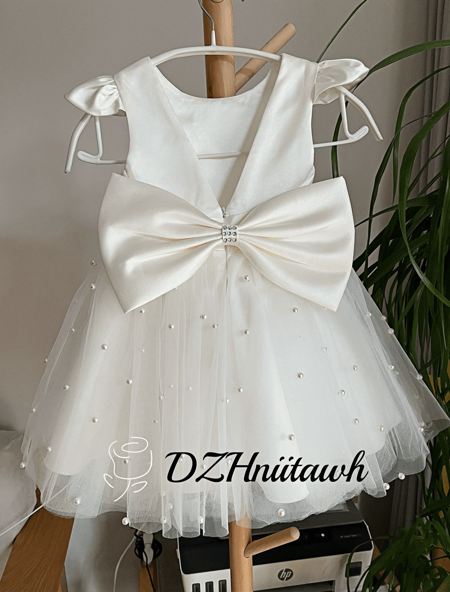 Light ivory flower girl dress with pearls, v back top flower girl dress, pearls tulle flower girl dress tea length, birthday communion tutu girl dress