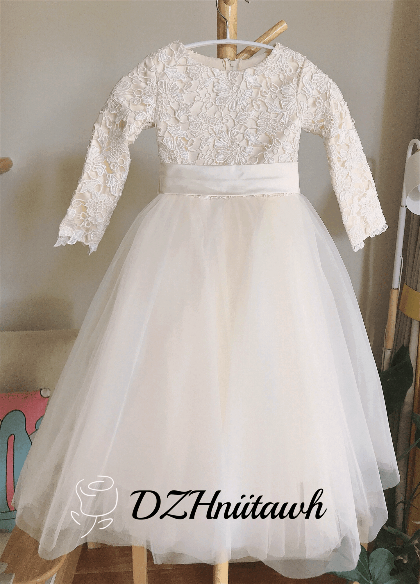 Lace tulle flower girl dress, champagne flower girl dress long sleeves, first communion dress floor length