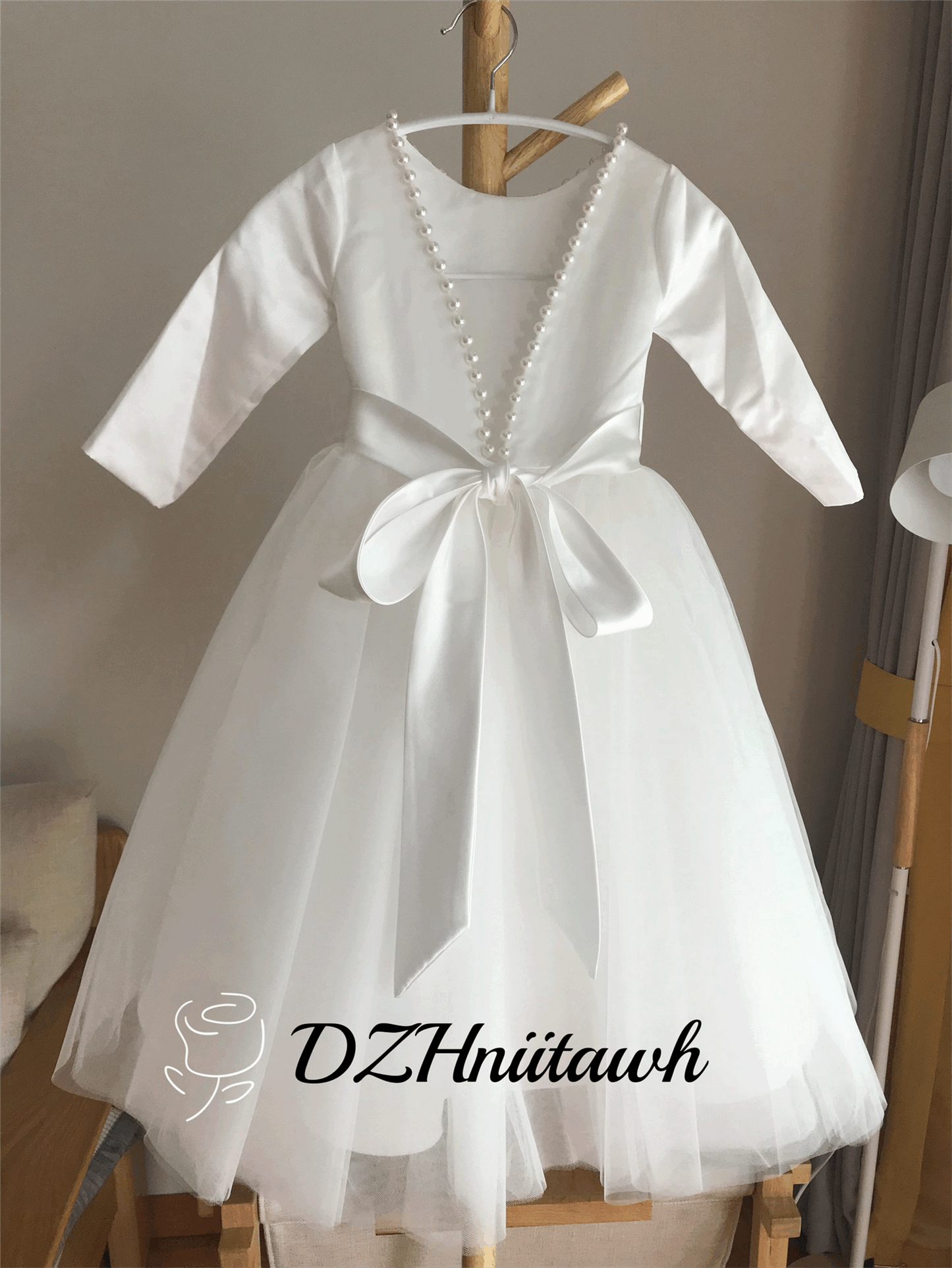 Off white flower girl dress, v back top dress with pearls, Communion dress with long sleeves