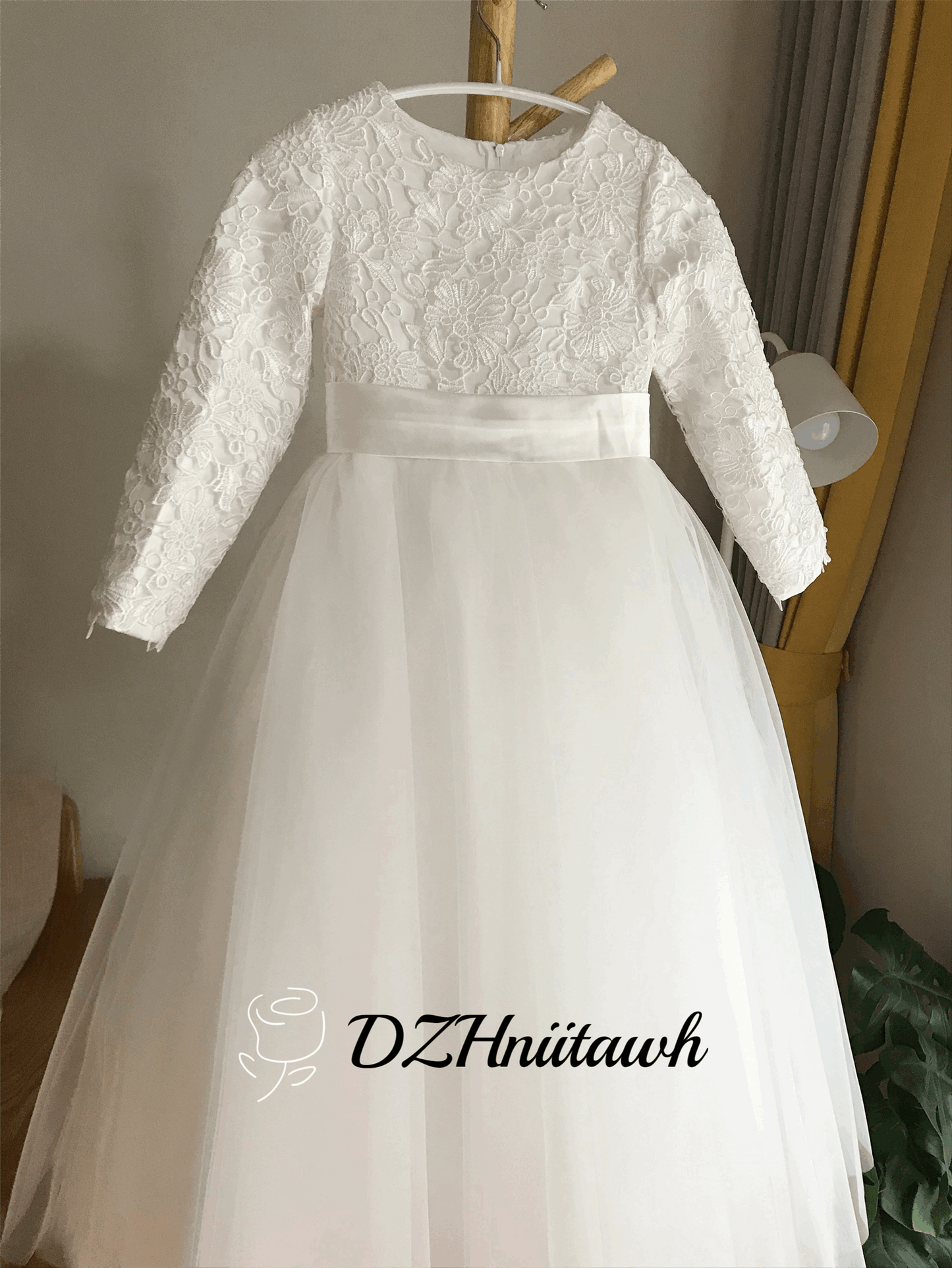 Lace tulle flower girl dress, off white flower girl dress long sleeves, first communion dress floor length