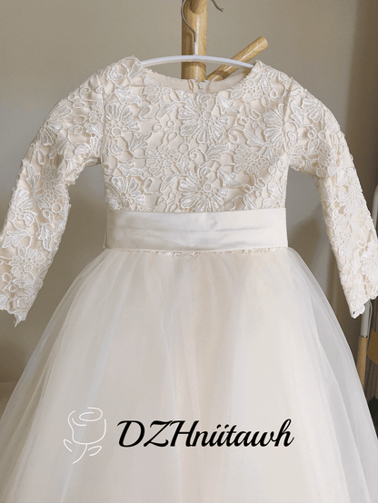 Lace tulle flower girl dress, champagne flower girl dress long sleeves, first communion dress floor length