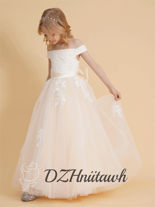 Lace champagne flower girl dress, off shoulder tulle flower girl dress, birthday girl dress with lace applique floor length