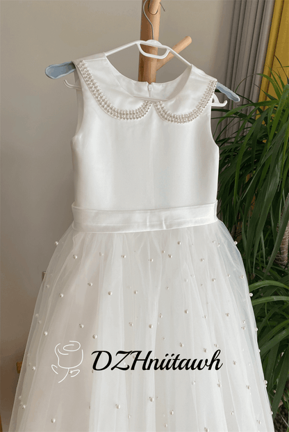 Off white flower girl dress, beaded neckline flower girl dress, tulle flower girl dress with pearls, elegant birthday girl dress, communion girl dress floor length