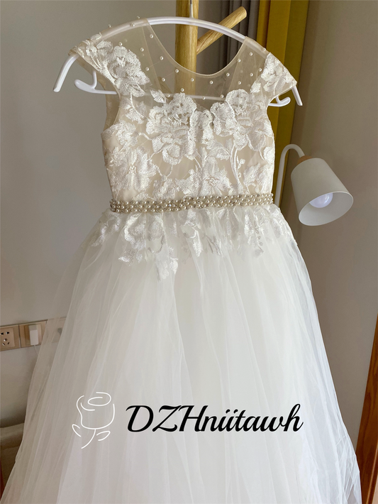 Lace flower girl dress with pearls beaded sash, lace applique V back top with beaded pearls, communion dress cap with sleeves