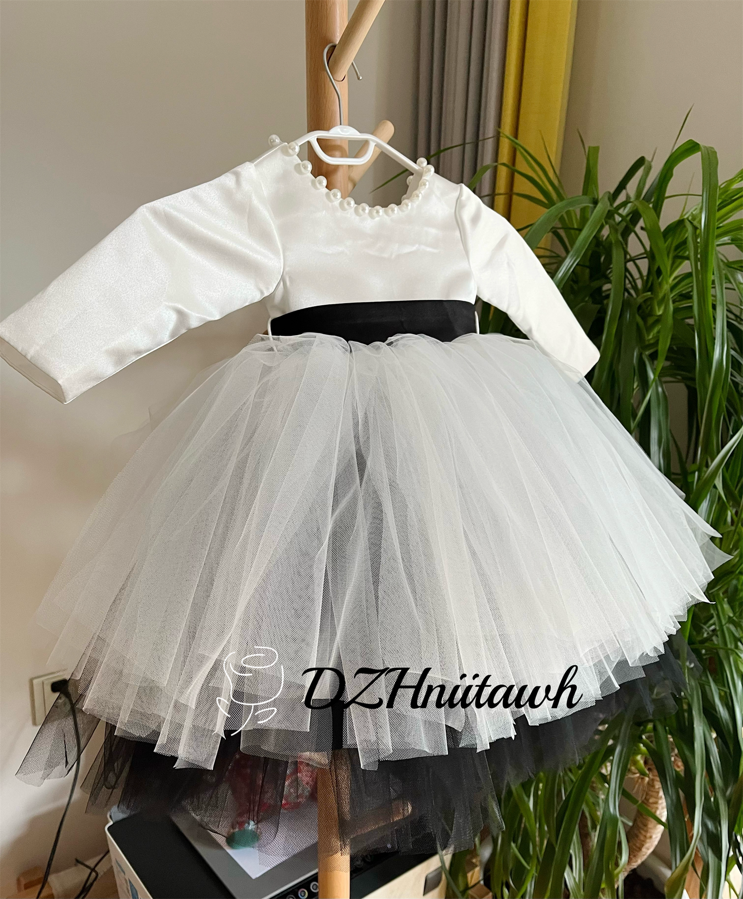 Off white black sash v back pearls flower girl dress, tutu flower girl dress, off white black tulle birthday girl dress floor length