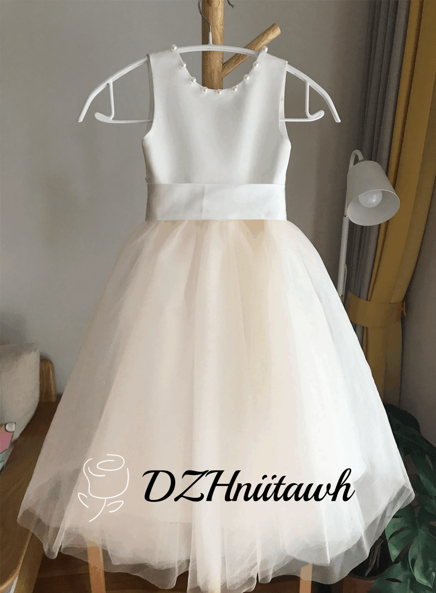 Tulle ivory off white champagne flower girl dress, v back top dress with pearls, communion dress