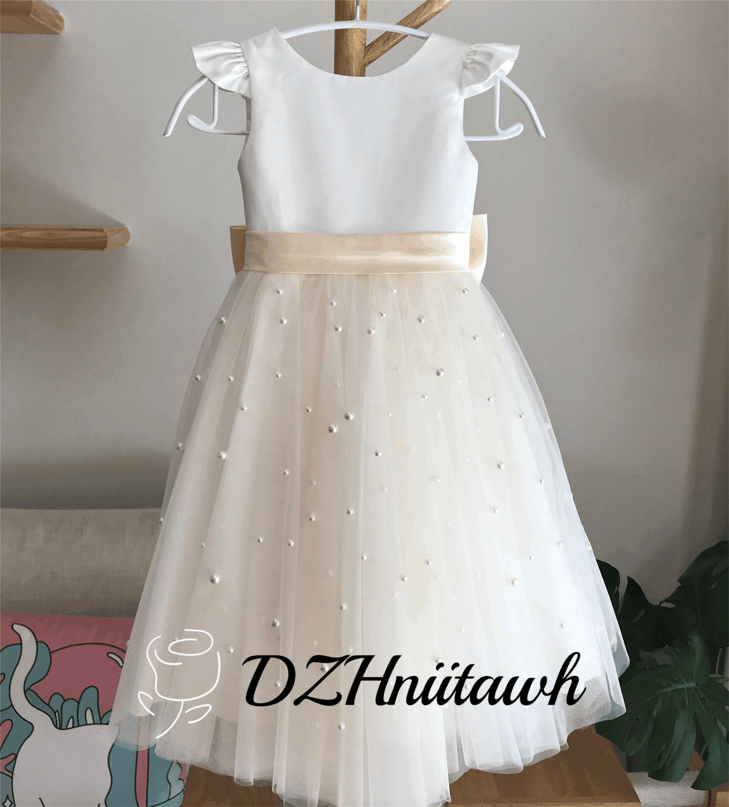 Off white top flower girl dress, light champagne tulle flower girl dress with pearls