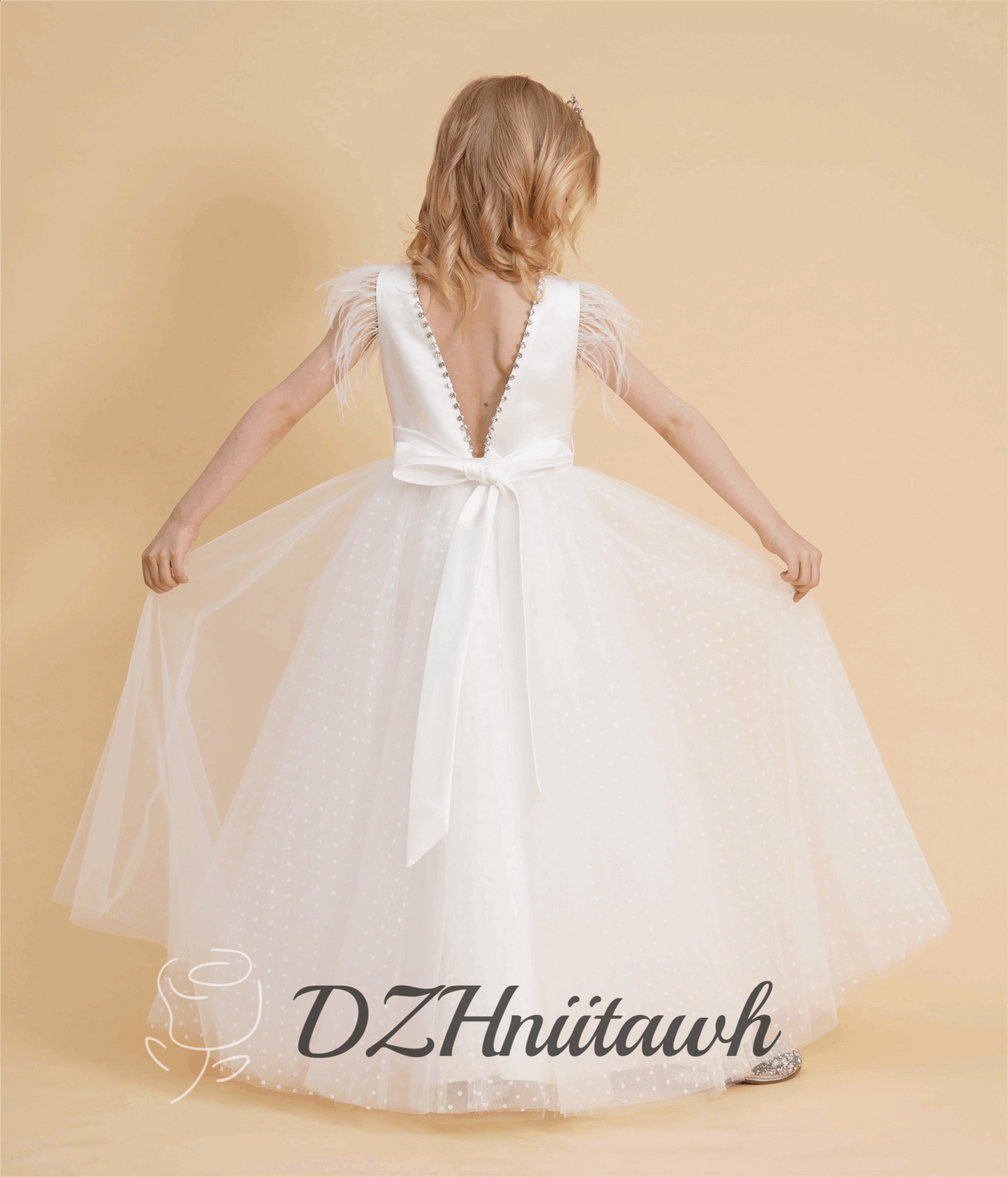 Feather sleeves off white flower girl dress, dot tulle flower girl dress, V back top dress with beaded, communion dress