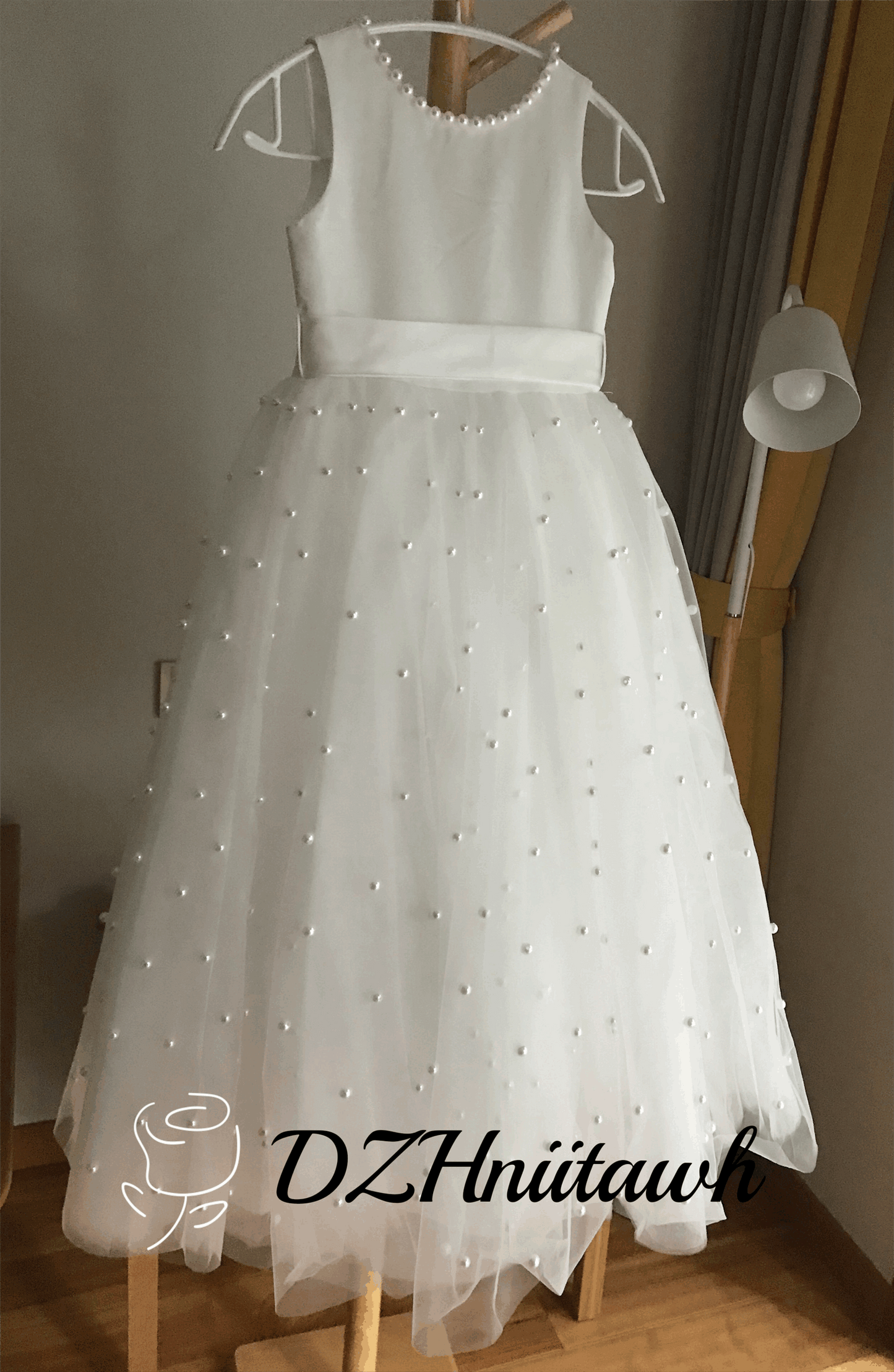 Tulle off white flower girl dress, pearls flower girl dress v back top dress, communion dress