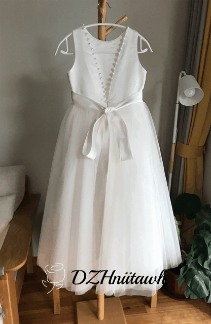 Tulle ivory off white champagne flower girl dress, v back top dress with pearls, communion dress